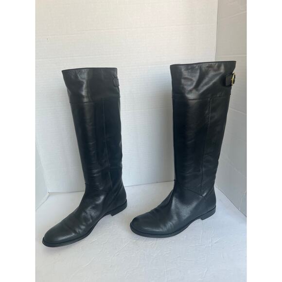Coach Maely Soft Black Leather Knee High Riding  Gold Buckle Accent Boots Sz 8.5 - Picture 1 of 15